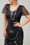 Gatsby Svart Röd Scoop Fransad Bodycon1920-talet Klänning med Paljetter