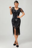 Gatsby Svart Röd Scoop Fransad Bodycon1920-talet Klänning med Paljetter