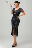 Gatsby Svart Röd Scoop Fransad Bodycon1920-talet Klänning med Paljetter