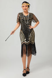 Svart Gyllene Paljett Bodycon 1920-talet Flapper Klänning med tofsar