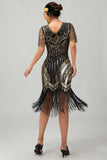 Svart Gyllene Paljett Bodycon 1920-talet Flapper Klänning med tofsar