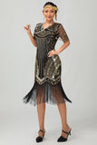 Svart Gyllene Paljett Bodycon 1920-talet Flapper Klänning med tofsar