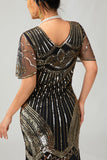 Svart Gyllene Paljett Bodycon 1920-talet Flapper Klänning med tofsar