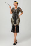 Svart Gyllene Paljett Bodycon 1920-talet Flapper Klänning med tofsar