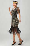 Svart Gyllene Paljett Bodycon 1920-talet Flapper Klänning med tofsar