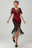 Svart Gyllene Paljett Bodycon 1920-talet Flapper Klänning med tofsar