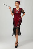 Svart Gyllene Paljett Bodycon 1920-talet Flapper Klänning med tofsar