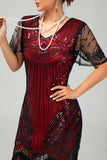Svart Gyllene Paljett Bodycon 1920-talet Flapper Klänning med tofsar