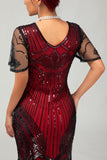 Svart Gyllene Paljett Bodycon 1920-talet Flapper Klänning med tofsar