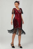 Svart Gyllene Paljett Bodycon 1920-talet Flapper Klänning med tofsar