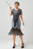 Svart Gyllene Paljett Bodycon 1920-talet Flapper Klänning med tofsar