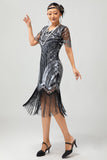 Svart Silver Paljett V-hals Bodycon 1920-tal Klänning med tofsar