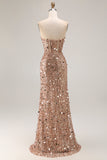 Glittrande Silver Axelbandslös Korsett Mermaid Lång Balklänning Med Slits
