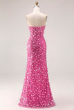 Glittrande Silver Axelbandslös Korsett Mermaid Lång Balklänning Med Slits