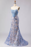 Gråblå axelbandslös sjöjungfrukorsett Lång balklänning med paljetter