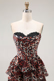 Brun Leopard A Line Sweetheart Tiered Lång Balklänning med Volanger