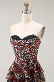 Brun Leopard A Line Sweetheart Tiered Lång Balklänning med Volanger