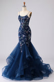 Blå genomskinlig korsett Sjöjungfrubroderad lång balklänning med snörning på ryggen