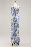 One Shoulder Blue Floral Sheath Bridesmaid Dress With Shawl