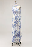 One Shoulder Blue Floral Sheath Bridesmaid Dress With Shawl