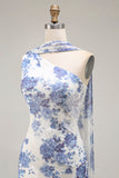 One Shoulder Blue Floral Sheath Bridesmaid Dress With Shawl