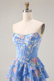 Mörkblå Axelbandslös A-linje Korsett Blommig Lång Balklänning med Chiffong Volang kjol
