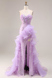 Glittrande lila Sweetheart med volang i slidan med lång balklänning med slits och 3D-blommor
