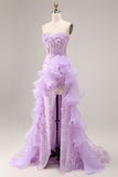 Glittrande lila Sweetheart med volang i slidan med lång balklänning med slits och 3D-blommor