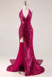 Glittrande fuchsia sjöjungfruhalter halter paljett rygglös lång balklänning med slits
