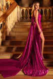 Glittrande fuchsia sjöjungfruhalter halter paljett rygglös lång balklänning med slits