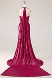 Glittrande fuchsia sjöjungfruhalter halter paljett rygglös lång balklänning med slits