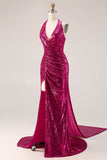 Glittrande fuchsia sjöjungfruhalter halter paljett rygglös lång balklänning med slits