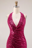 Glittrande fuchsia sjöjungfruhalter halter paljett rygglös lång balklänning med slits