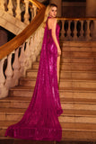 Glittrande Fuchsia Sjöjungfru Halter Neck Paljett Lång Balklänning med Slits
