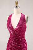Glittrande fuchsia sjöjungfruhalter halter paljett rygglös lång balklänning med slits