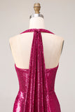 Glittrande fuchsia sjöjungfruhalter halter paljett rygglös lång balklänning med slits