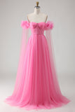 Hot pink A Line-off-shoulder veckad tyllklänning med lång balklänning med serpentinen