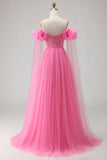 Hot pink A Line-off-shoulder veckad tyllklänning med lång balklänning med serpentinen