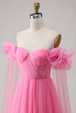 Hot pink A Line-off-shoulder veckad tyllklänning med lång balklänning med serpentinen