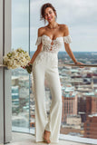 Vit Off The Shoulder Spets Appliqued Brud Jumpsuits