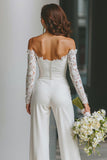Vit Off The Shoulder Lace Bridal Jumpsuits med fickor