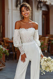 Off the Shoulder Vit Brud Jumpsuits med Spets