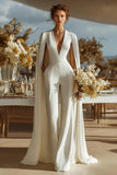 Elfenben V-ringad Monterad Brud Jumpsuits med Cape