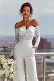 Vit Off The Shoulder Lace Långa Brud Jumpsuits