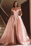 Vit Off The Shoulder Satin Sweep Train Bröllopsklänning med slits