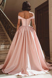 Vit Off The Shoulder Satin Sweep Train Bröllopsklänning med slits