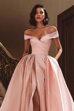 Vit Off The Shoulder Satin Sweep Train Bröllopsklänning med slits