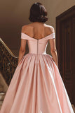 Vit Off The Shoulder Satin Sweep Train Bröllopsklänning med slits