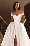 Vit Off The Shoulder Satin Sweep Train Bröllopsklänning med slits