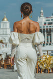 Off The Shoulder Rynkade Vita Spetsar Bröllop Jumpsuits